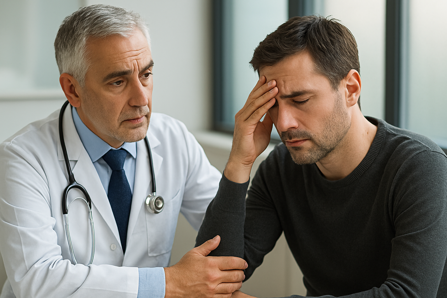 Dr. Roberto Silva em consulta empática com paciente sobre questões de saúde masculina